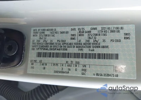 2025 Ford F-150 Tremor z USA, uszkodzony, nr VIN 1FTFW4L5XSFA61556